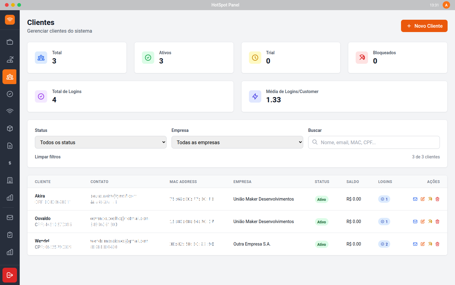Tela de Gestão de Clientes